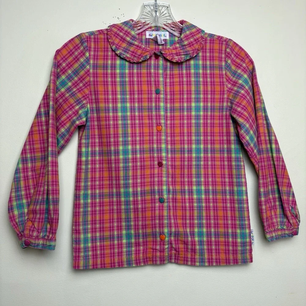 Vintage 90s Gymboree Button-Up Plaid Long Sleeve Shirt Pink XXL Rainbow Tag 6-7